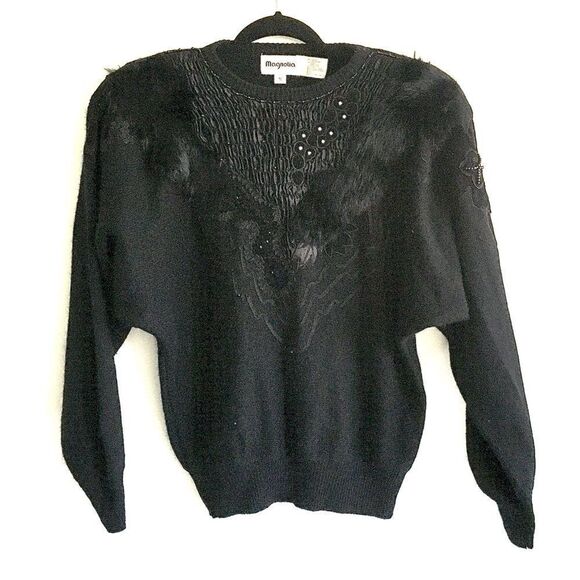 Magnolia Vintage Embellished Crew Neck Long Sleeve Wool Angora Sweater Black  M - Picture 2 of 7